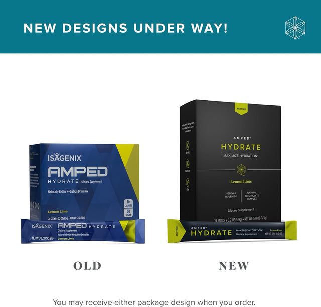 Isagenix Amped Hydrate - a Superfruit Blend with Electrolytes to Refresh and Replenish - Convenient Individual Serving Sticks - 24 Servings - Lemon Lime Flavor