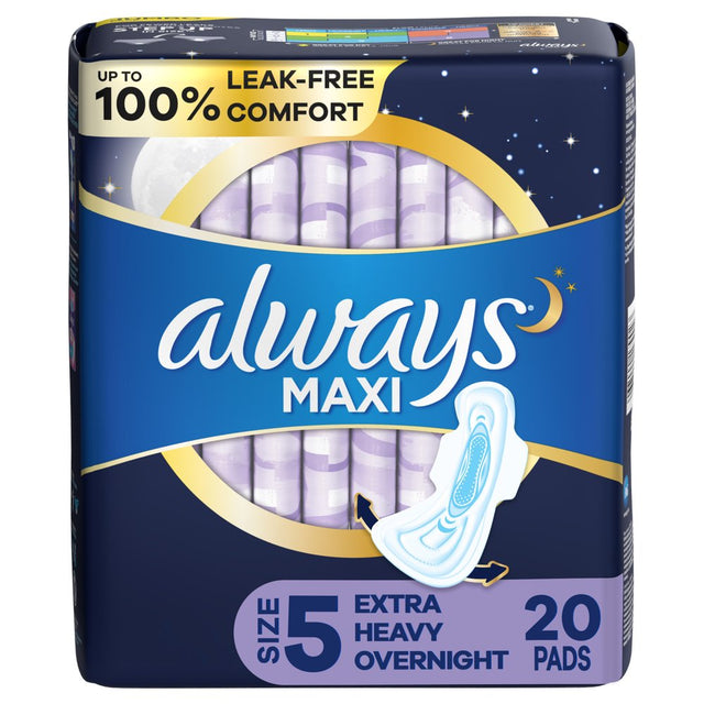 Always Maxi Overnight Pads with Wings, Size 5, Extra Heavy Overnight, Unscented, 20 Count