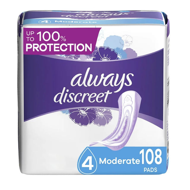 Always Discreet Incontinence Pads, Moderate Absorbency, Regular Length, 108 CT