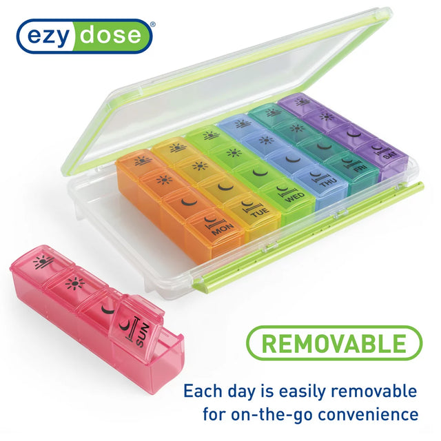 Ezy Dose Weekly (7-Day) Pill Organizer, 4 Times a Day, Travel Compartments, Rainbow