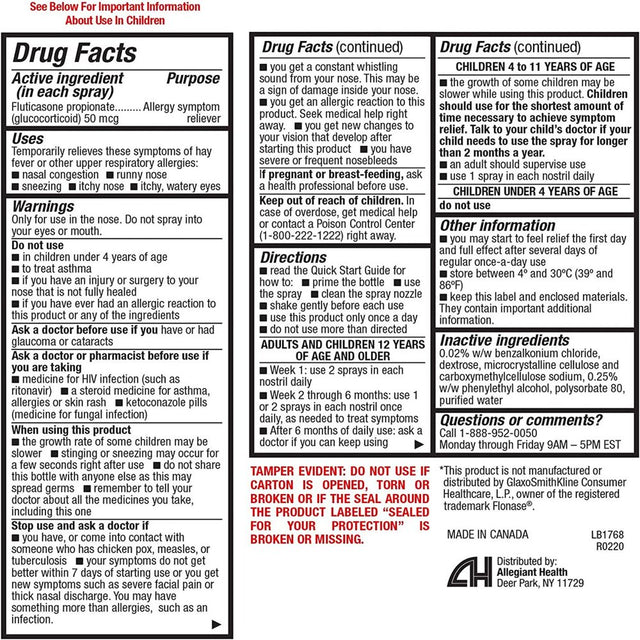 Healtha2Z® Fluticasone Propionate Nasal Sprays, 24 Hour Allergy Relief,120 Sprays, 0.54 Fl Oz