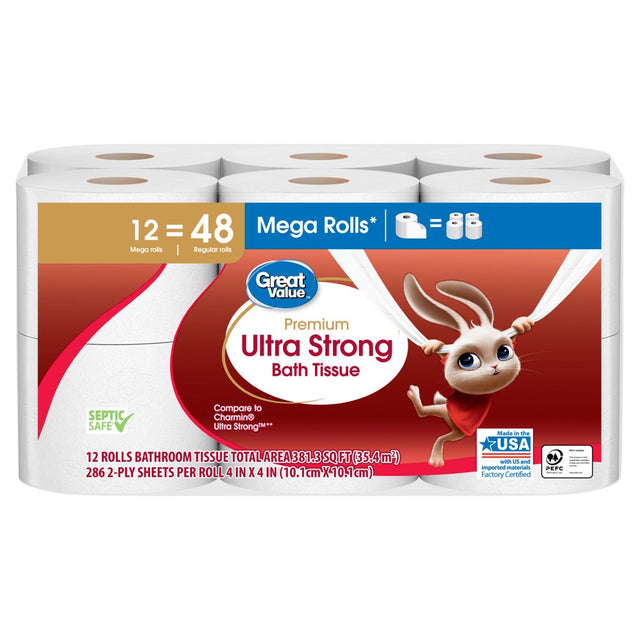 Great Value Ultra Strong Toilet Paper, 12 Mega Rolls