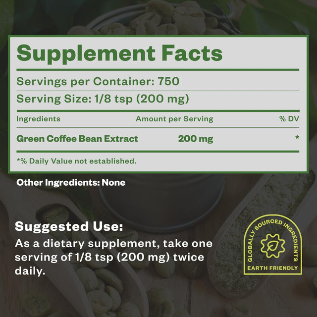 Green Coffee Bean Extract 150G, Green Coffee with Chlorogenic Acid, Body Detox and Cleanse for Women and Men, Natural Appetite Suppressant to Support Vitality and Energy, 750 Servings