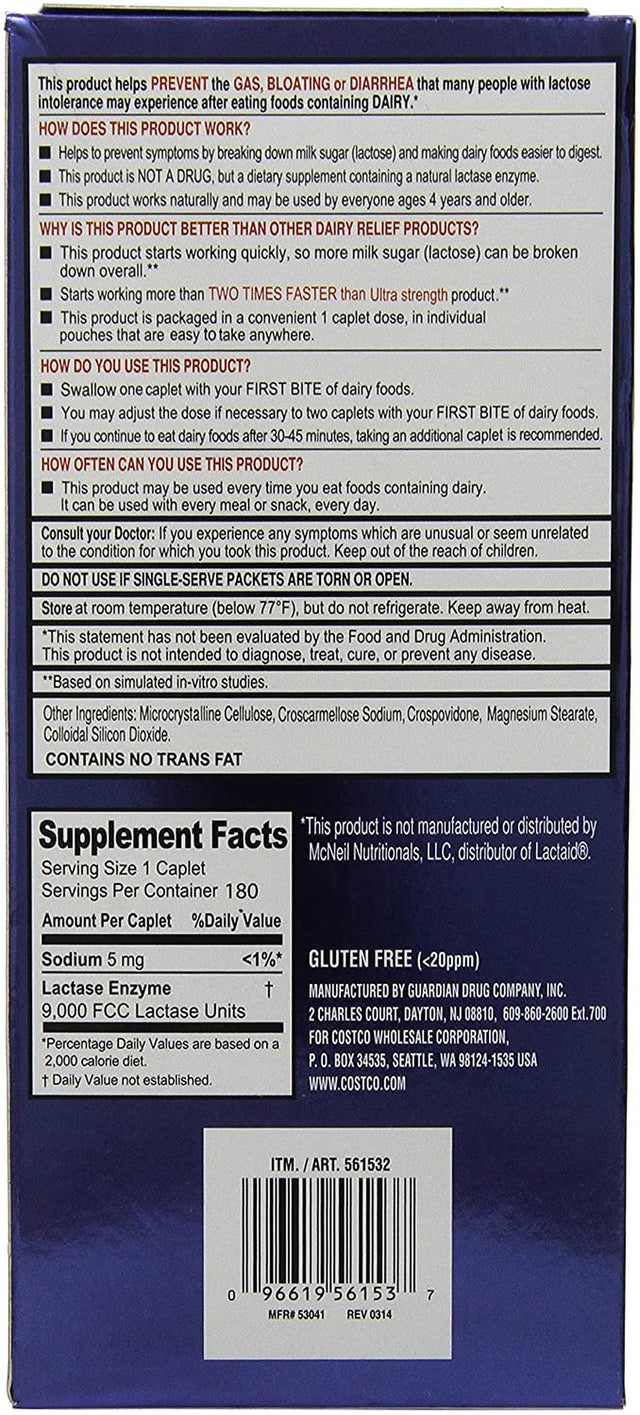 Kirkland Signature Fast Acting Lactase Natural Dairy Digestive Supplement, 180-Count Caplets