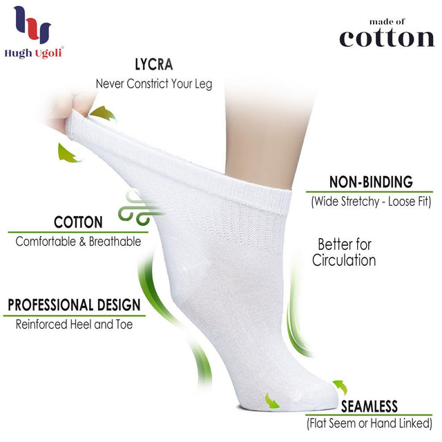 HUGH UGOLI Women'S Cotton Diabetic Ankle Socks, Wide, Thin, Loose Fit and Stretchy, Seamless Toe & Non Binding Top, 4 Pairs, Black, Shoe Size: 6-9