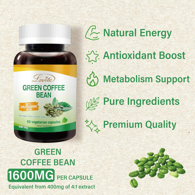 High-Potency Green Coffee Bean Extract: 1600Mg Equivalent, 50% Chlorogenic Acid for Natural Antioxidant & Size-Reduction Support - Vegan-Friendly, 60 Veggie Capsules