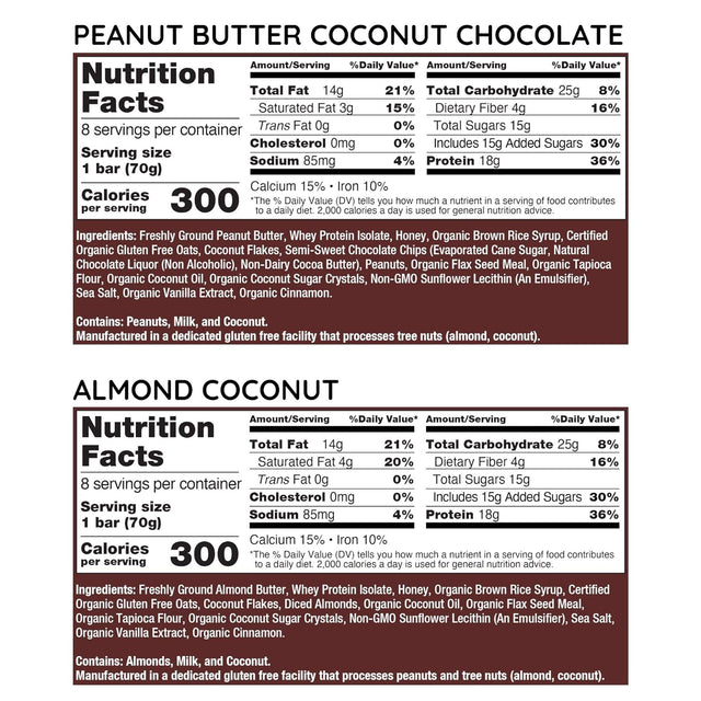 G2G Protein Bar, Coconut Lovers 2-Pack, 1 Box Peanut Butter Coconut, 1 Box Almond Coconut, Healthy Snack, Delicious Meal Replacement, Gluten-Free, Refrigerated for Freshness, 16 Count (2 Packs of 8)