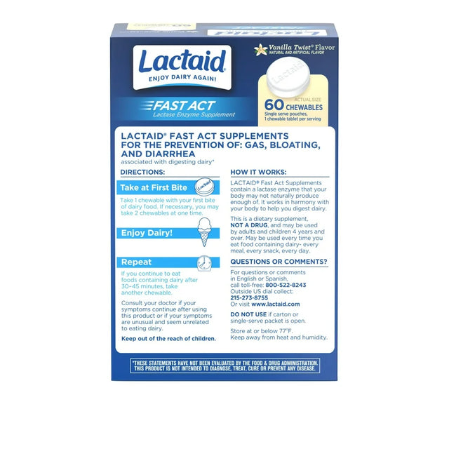 Lactaid Fast Act Lactose Relief Chewables, Vanilla, 60 Packs of 1Ct