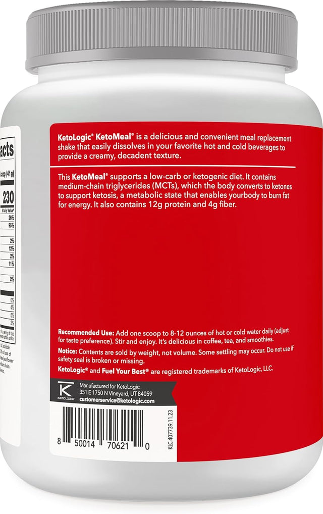 Ketologic Keto Meal Replacement Shake Powder for Optimal Results + MCT Oil + Grass-Fed Whey - Perfectly Formulated Macros for Ketosis - 20 Servings - Vanilla