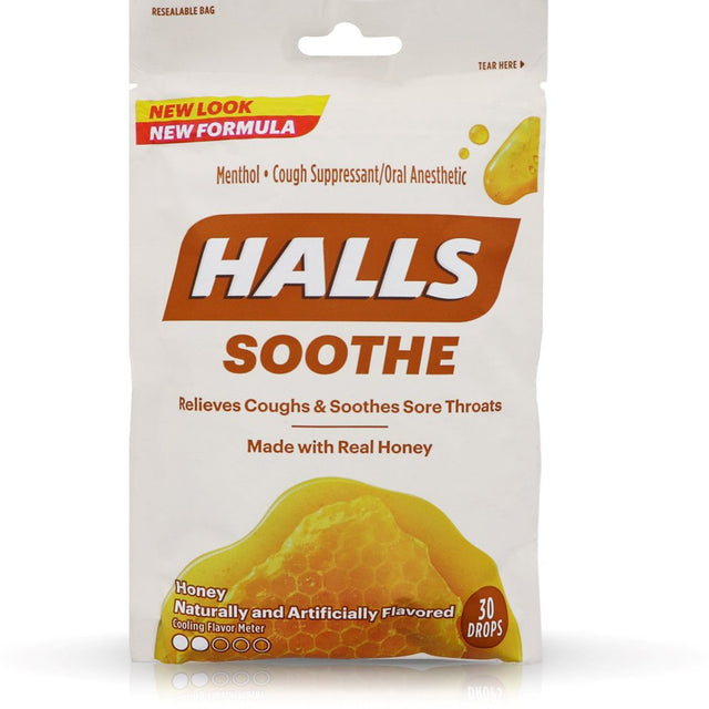 Halls Soothe Cough & Sore Throat Menthol Relief, Real Honey, 30Ct, 2-Pack