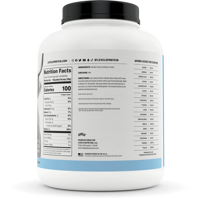 Levels 100% Micellar Casein Protein Powder, Hormone Free, Chocolate, 2LB