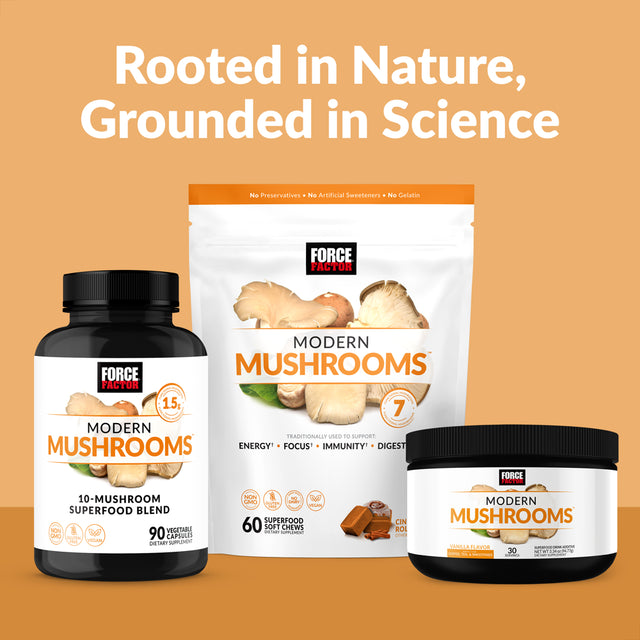 Force Factor Modern Mushrooms Capsules, Mushroom Supplement to Support Energy, Focus, Immunity, & Digestion with Cordyceps, Turkey Tail, Chaga, Reishi, Lion’S Mane, Shiitake, 90 Vegetable Capsules