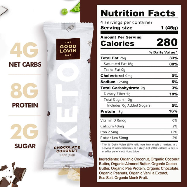 Keto Snack Bars | Low Carb Vegan Protein Bars | Healthy, Low Sugar Plant Based Snacks | Gluten Free Paleo Bars | Keto Friendly Food by the Good Lovin Bar - 4 Count (Chocolate Coconut)