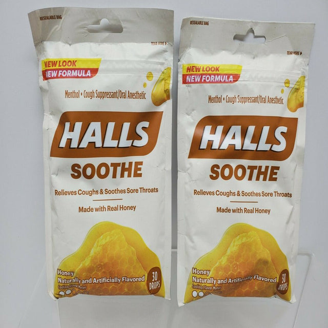 Halls Soothe Cough & Sore Throat Menthol Relief, Real Honey, 30Ct, 2-Pack