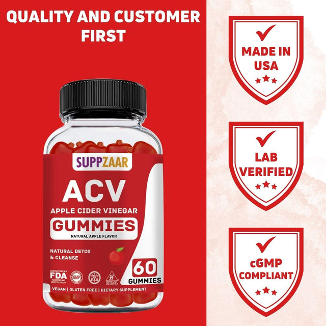 Vegan Apple Cider Vinegar Gummies with the Mother, 500Mg 60 Servings - ACV Gummies for Immune System, Digestion, Natural Detox & Cleanse - Alternative to Apple Cider Vinegar Capsules