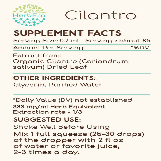 Cilantro Alcohol-Free Herbal Extract Tincture, Super-Concentrated Organic Cilantro (Coriandrum Sativum) Dried Leaf 2 Oz