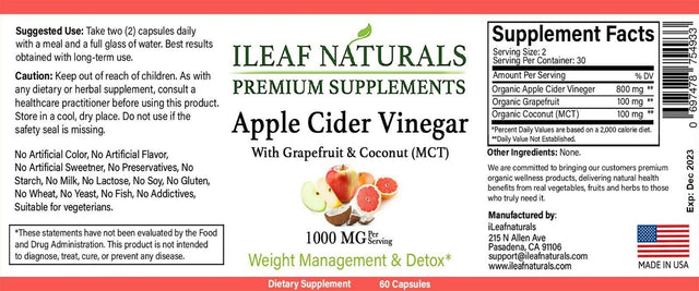 Ileaf Naturals Apple Cider Vinegar with Mother, Grapefruit & MCT - 60 Veggie Capsules