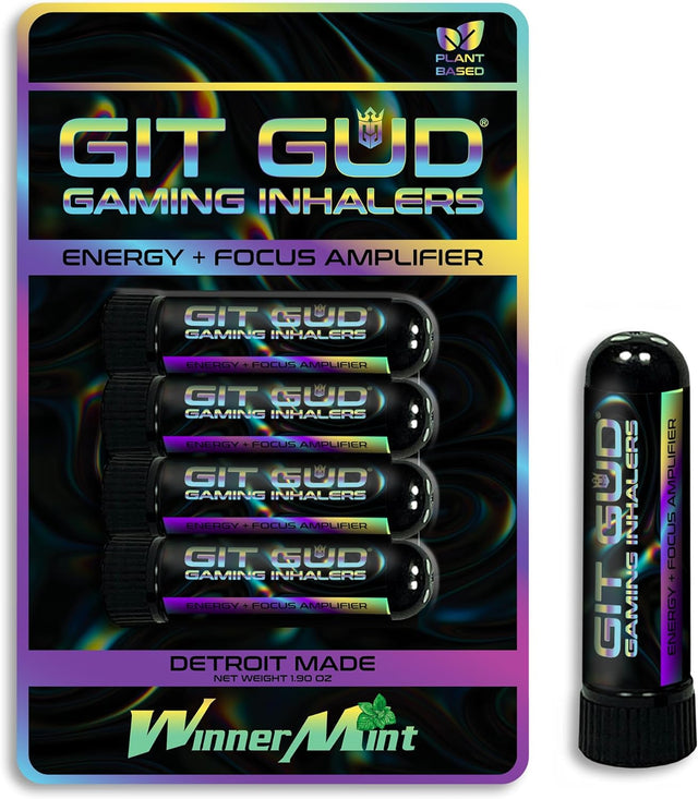 GIT GUD Gaming Vapor Inhaler 4-Pack | Energy, and Focus Amplifier | Stimulating, Smelling Vapors for Instant Wake up | Powerful, Reusable Mint, 1000+ Uses, Aromatherapy | Winnermint (Wintergreen)