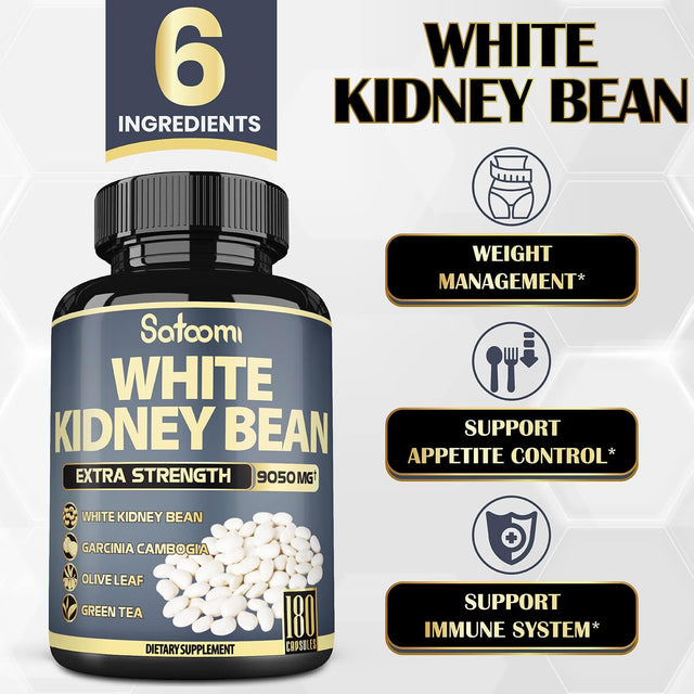 Premium 6 in 1 White Kidney Bean Extract Capsules - 6 Month Supply - Equivalent to 9050Mg - Extra Blend with Olive Leaf, Green Coffee Bean & Green Tea - Support Carb Scale down - 1 Pack 180 Count