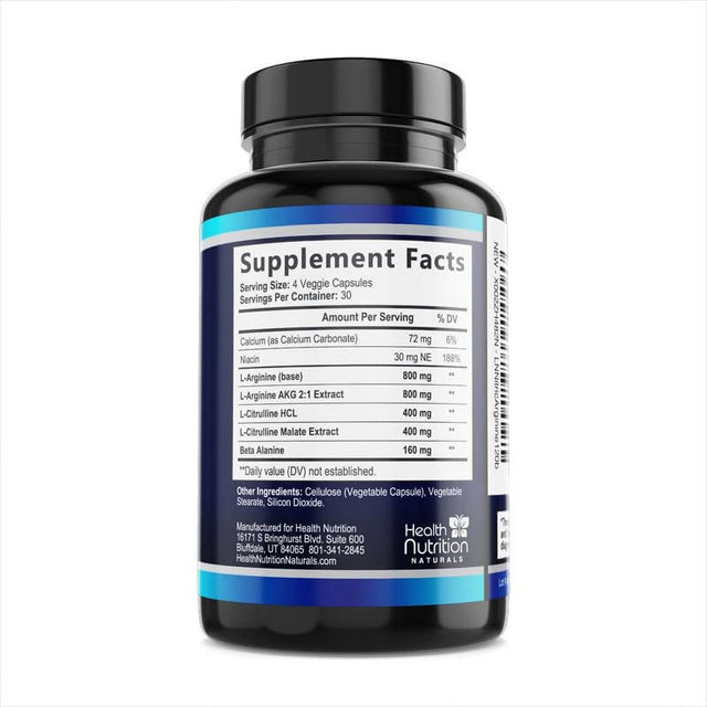Health Nutrition Naturals Extra Strength Nitric Oxide Supplement L Arginine 3X - Citrulline Malate, AAKG, Beta Alanine Premium Muscle Building Booster for & Energy to Train Harder 120 Capsules Count
