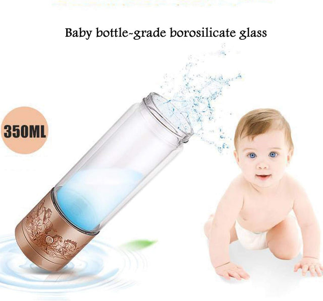 Portable 3 Minute Hydrogen-Rich Water Bottle Rechargeable High Concentration Hydrogen Generator Glass Bottle Anti-Aging Anti-Oxidation Alkaline Water Generator, 350Ml