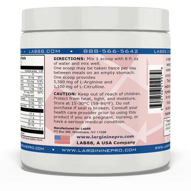 L-Arginine Pro Powder - 5500Mg L-Arginine, 1100Mg L-Citrulline Cardio Health (Raspberry, (3) Jars)