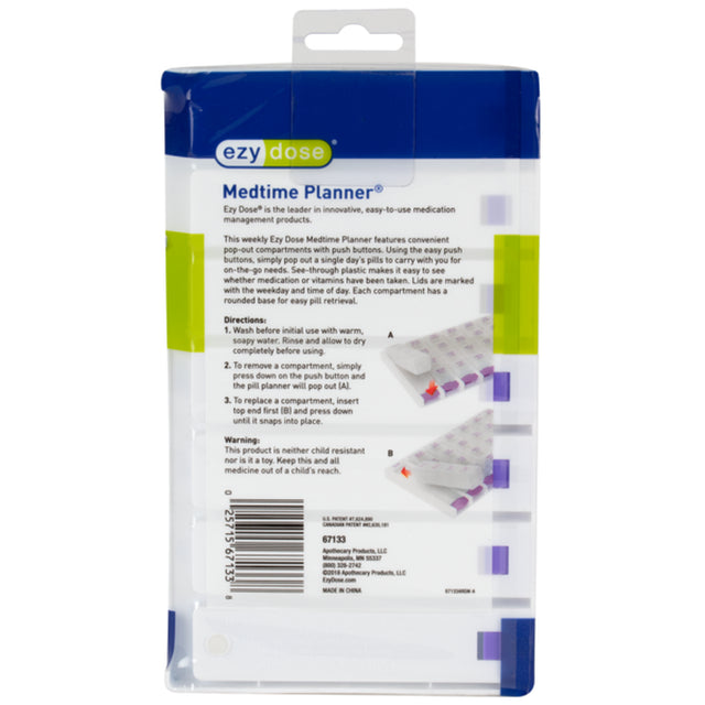 Ezy Dose Weekly (7-Day) Pill Organizer, 4 Times a Day, Push Button, Pop-Out Travel Compartments