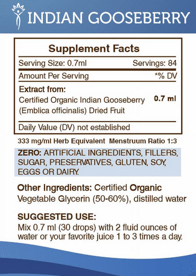 Indian Gooseberry Tincture Alcohol-Free Extract, Organic Indian Gooseberry (Emblica Officinalis) Dried Fruit 2 Oz