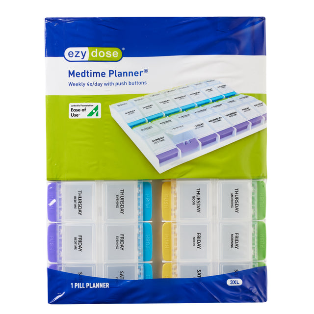 Ezy Dose Weekly (4X/Day) Push Button Pill Organizer, Daily AM/PM Medication Storage (3XL)