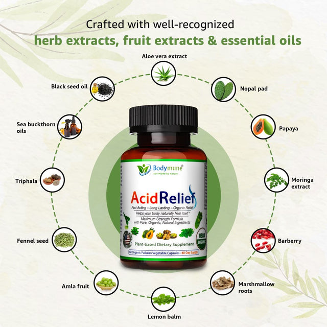 Bodymune Acidrelief All-Natural USDA Organic Acid Relief Supplement, Antacids, Acid Reflux Relief, Heartburn, Acid Indigestion Relief Supplement | 100% Vegan Non-Gmo Gluten-Free USA Made - 60 Capsules