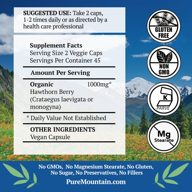Hawthorn Berry Capsules - 90 Kosher Vegan Caps with 1000Mg Organic Hawthorne Berry