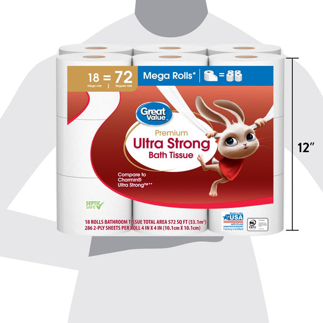 Great Value Ultra Strong Toilet Paper, 18 Mega Rolls