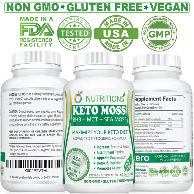 Keto Moss Vegan All in One KETO Pills with BHB Salt, MCT Powder, and Sea Moss