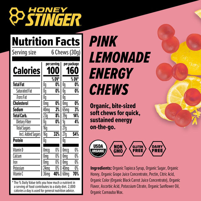 Honey Stinger Organic Energy Chew, Pink Lemonade, 1.8 Oz, 12 Ct