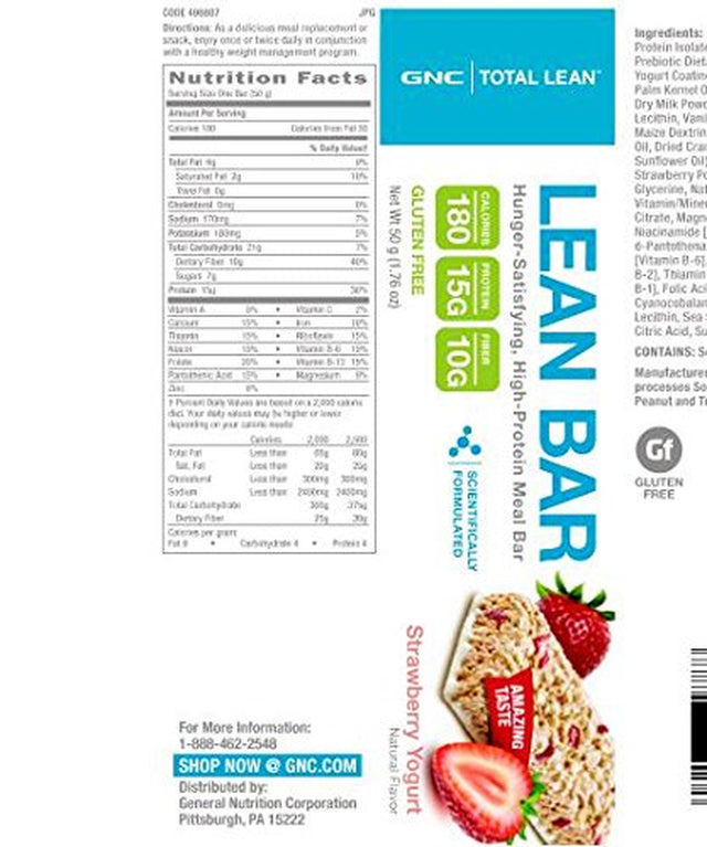 GNC Total Lean Bar | Hunger-Satisfying, High-Protein Meal Bar, Supports a Healthy Metabolism | Strawberry | 5 Bars per Box