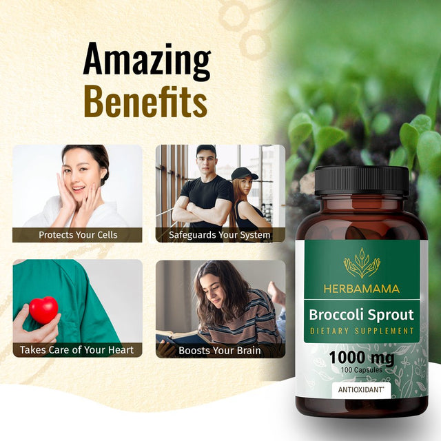 HERBAMAMA Broccoli Sprout Extract Capsules - Sulforaphane Supplement, 100 Veggie Caps