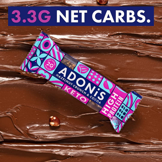 Adonis Hazelnut Crunch & Cocoa High Protein Keto Bars (16X45G Bars) | Vegan & Keto-Friendly | 100% Natural Keto Snacks | Sugar Free, Palm Oil Free | Low Sugar, Low Calorie & Low Carb for Weight Loss
