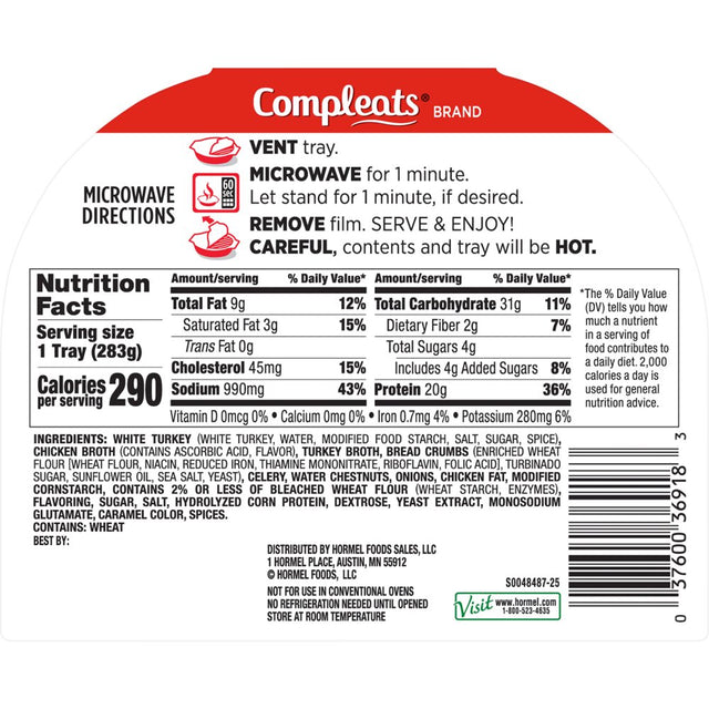 HORMEL COMPLEATS Turkey & Dressing, Shelf Stable, 10 Oz Plastic Tray