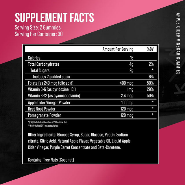 Komplex Nutrition Apple Cider Vinegar Gummies, Improve Digestion, Detox, 1000Mg ACV Powder with Mother, 60 Vegan and Gluten-Free Supplement Gummies (ACV GUM)