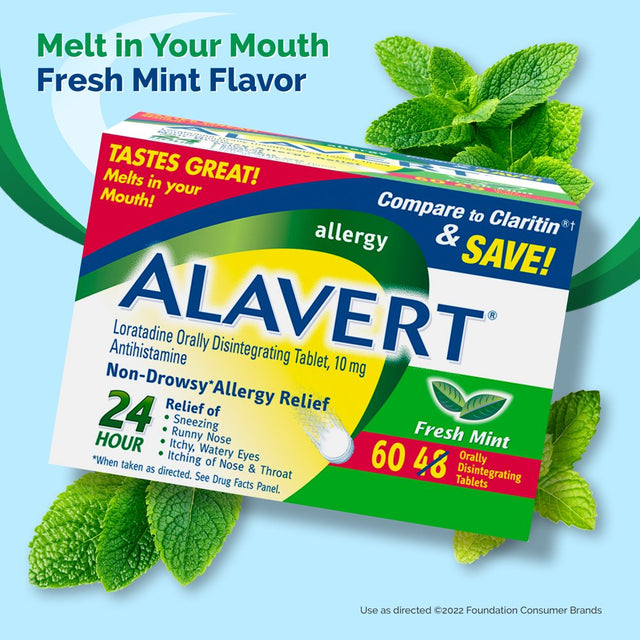 Alavert Allergy 24 Hour Relief, Fresh Mint Flavor, Orally Disintegrating Allergy Tablets, Non-Drowsy Antihistamine, Loratadine 10Mg, 60 Count