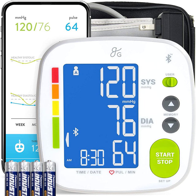Greater Goods Bluetooth Full Set Blood Pressure Monitor Cuff and Kit, Carrying Case, Batteries, Plug, Cuff, Monitor, Free Iphone and Android App Download