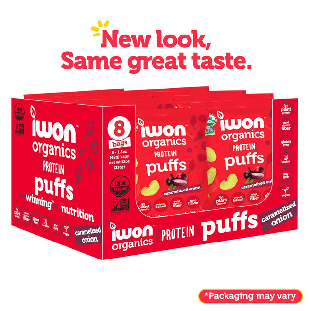 IWON Organics Caramelized Onion Flavor Protein Puff, High Protein and Organic Healthy Snacks, 8 Bags