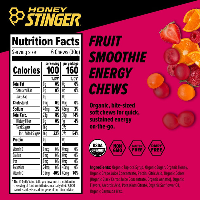 Honey Stinger Organic Energy Chew, Fruit Smoothie, 1.8 Oz