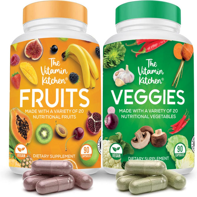 Fruits and Veggies Supplement- 90 Fruit and 90 Veggie Superfood Capsules-Soy and Vegan Free,100% Whole Natural Fruits and Vegetable Supplements for Adults by the Vitamin Kitchen (2-Pack)