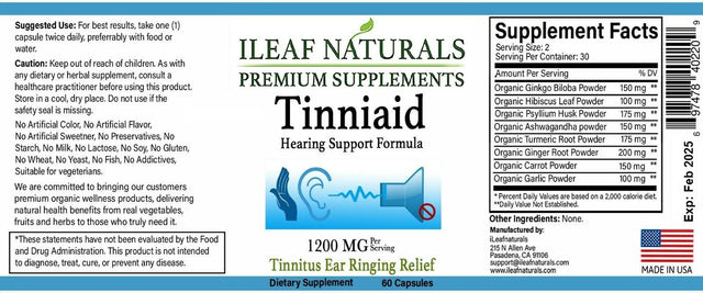 Ileafnaturals Tinniaid - Tinnitus Ear Ringing Relief 1200MG - 60 Veggie Capsules