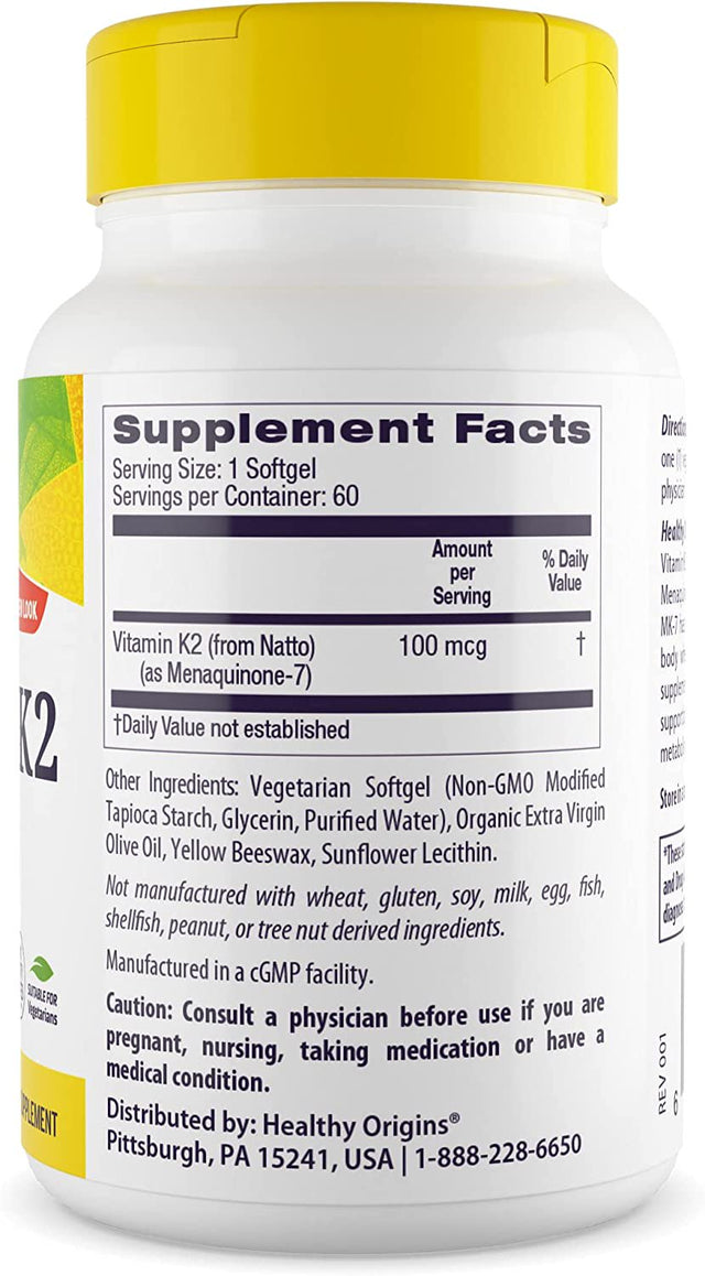 Healthy Origins Vitamin K2 as MK-7 100 Mcg Vegetarian Softgels, 60 Vgels