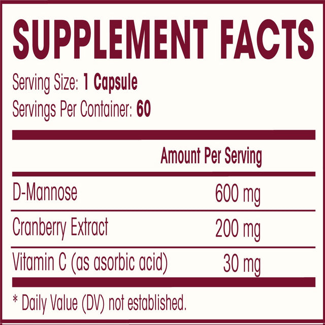 D Mannose with Cranberry Extract and Vitamin C | Urinary Tract Health - UTI Protection - Flush Impurities - Immune System | Non GMO | 60 Veg Capsules