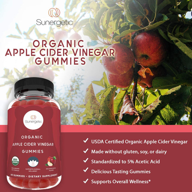 Sunergetic USDA Organic Apple Cider Vinegar Gummies with the Mother – Organic ACV Gummies to Support Overall Wellness – Certified Organic, Non-Gmo & Vegan - 60 Apple Cider Vinegar Gummies