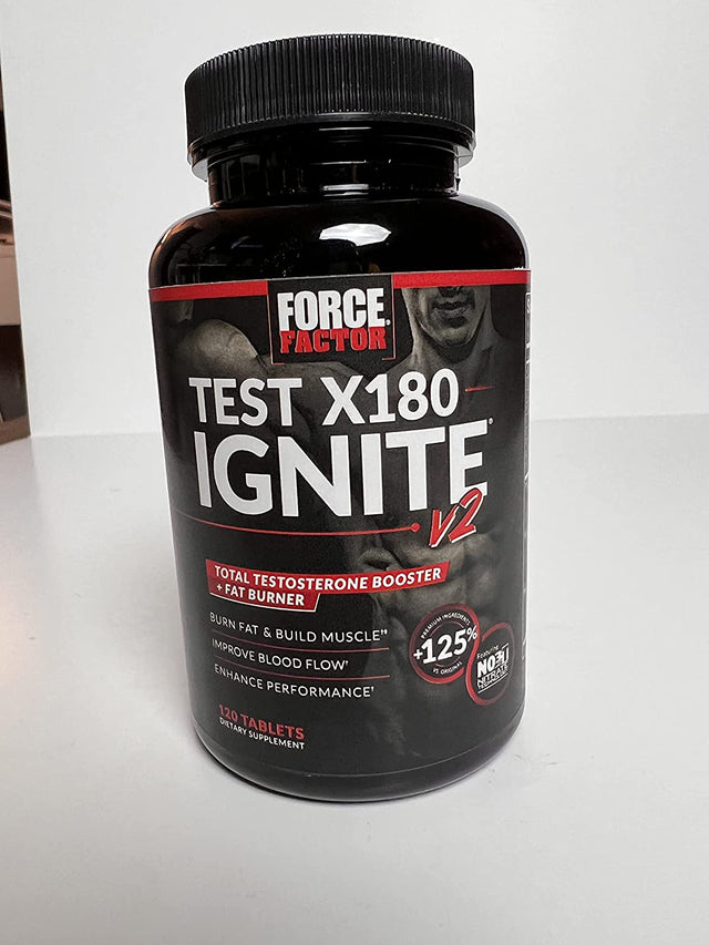 FORCE FACTOR Test X180 Ignite V2 Testosterone Booster & Supplement with Nitrates to Burn Fat, Build Muscle, Boost Energy and Enhance Vitality, Black, 120 Count