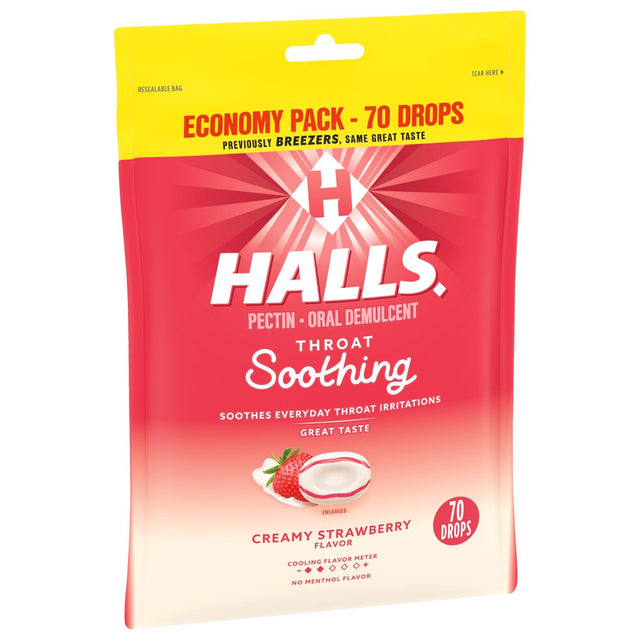 HALLS Throat Soothing Creamy Strawberry Throat Drops, Economy Pack, 70 Drops